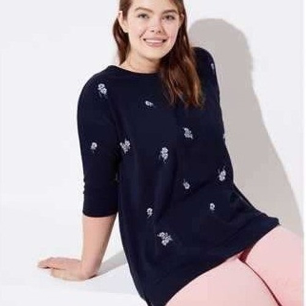 Loft Navy Blue Floral Embroidered Cotton Sweatshirt 3/4‎ Sleeve Size Medium
